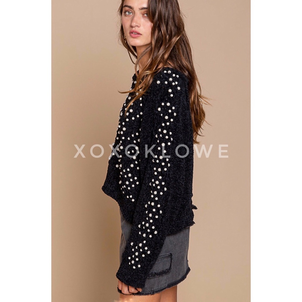 POL Pearl Beaded Black Velvet Chenille Sweater Relaxed Fit - Picture 6 of 13